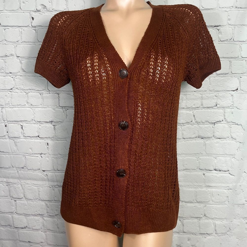 Lafayette 148 Brown Hemp Open Knit Short Sleeve Cardigan Sweater size Small